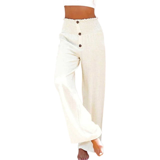 Pantalones palazzo de lino de cintura alta y pierna ancha para mujer, con cordón y bolsillos