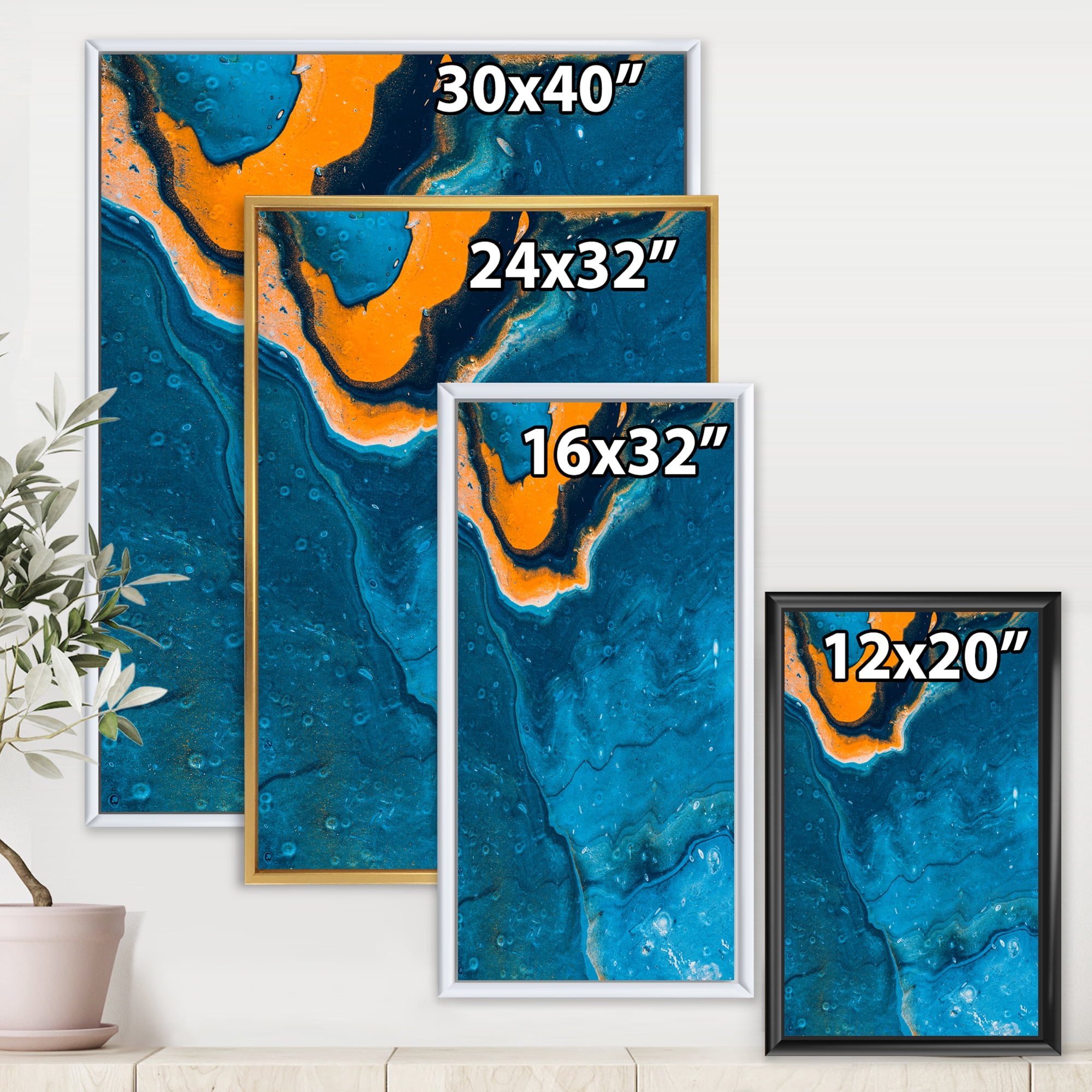 Designart 'Abstract Marble Composition In Orange and Blue III' Modern Framed Canvas Wall Art Print