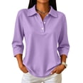 thumbnail image 2 of 3/4 Sleeve Polo Shirts for Women Button V Neck Collar Loose Fit Dressy Fall Casual Blouses Light Purple 3XL, 2 of 9