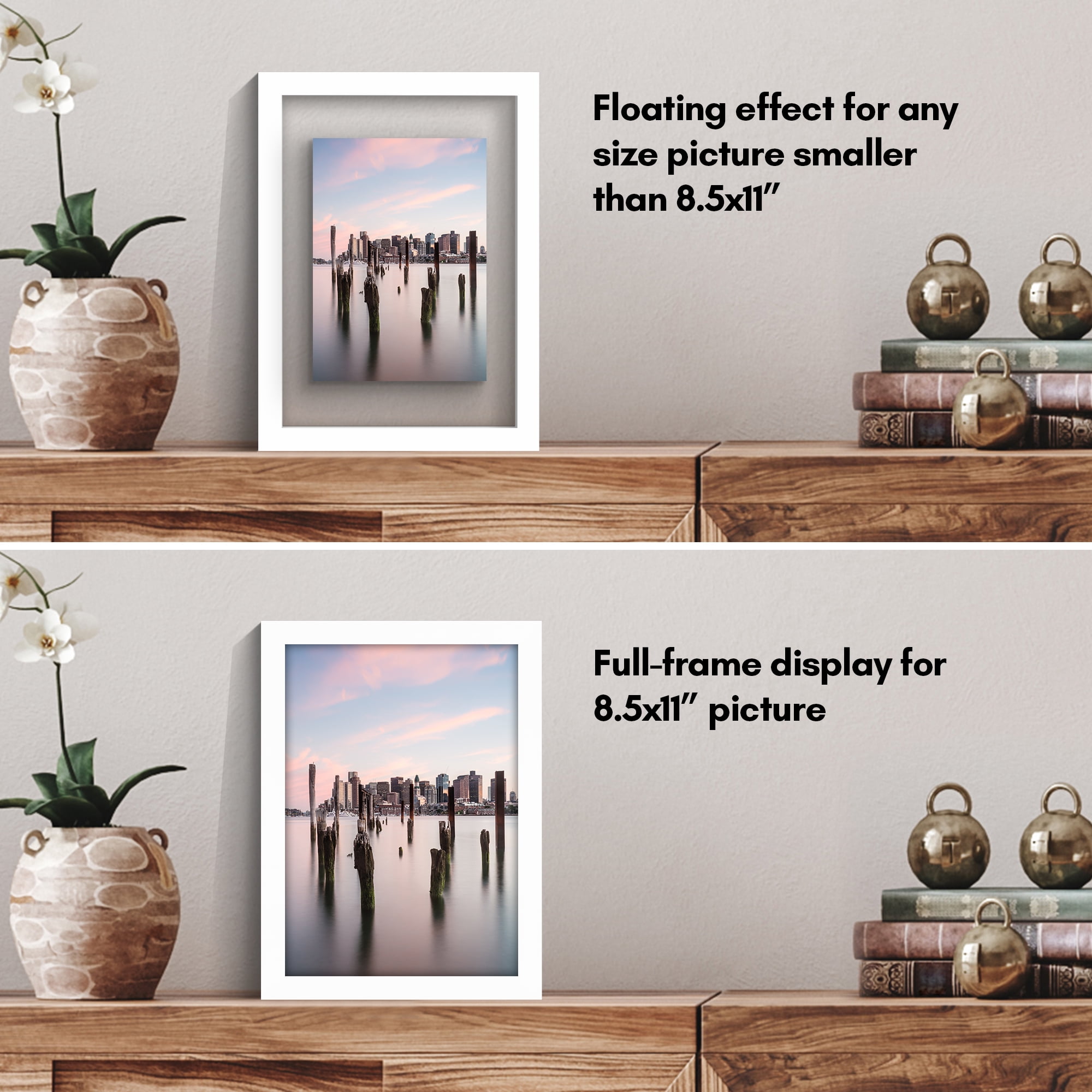 Americanflat 8.5x11 Picture Frame Floating Polished Crystal Clear Glass Display Photo Signature Float - White
