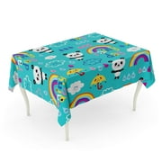 KDAGR Cartoon Rainy Day Clouds Rainbows Umbrellas Raindrops Panda Bears Characters Tablecloth Table Desk Cover Home Party Decor 60x120 inch