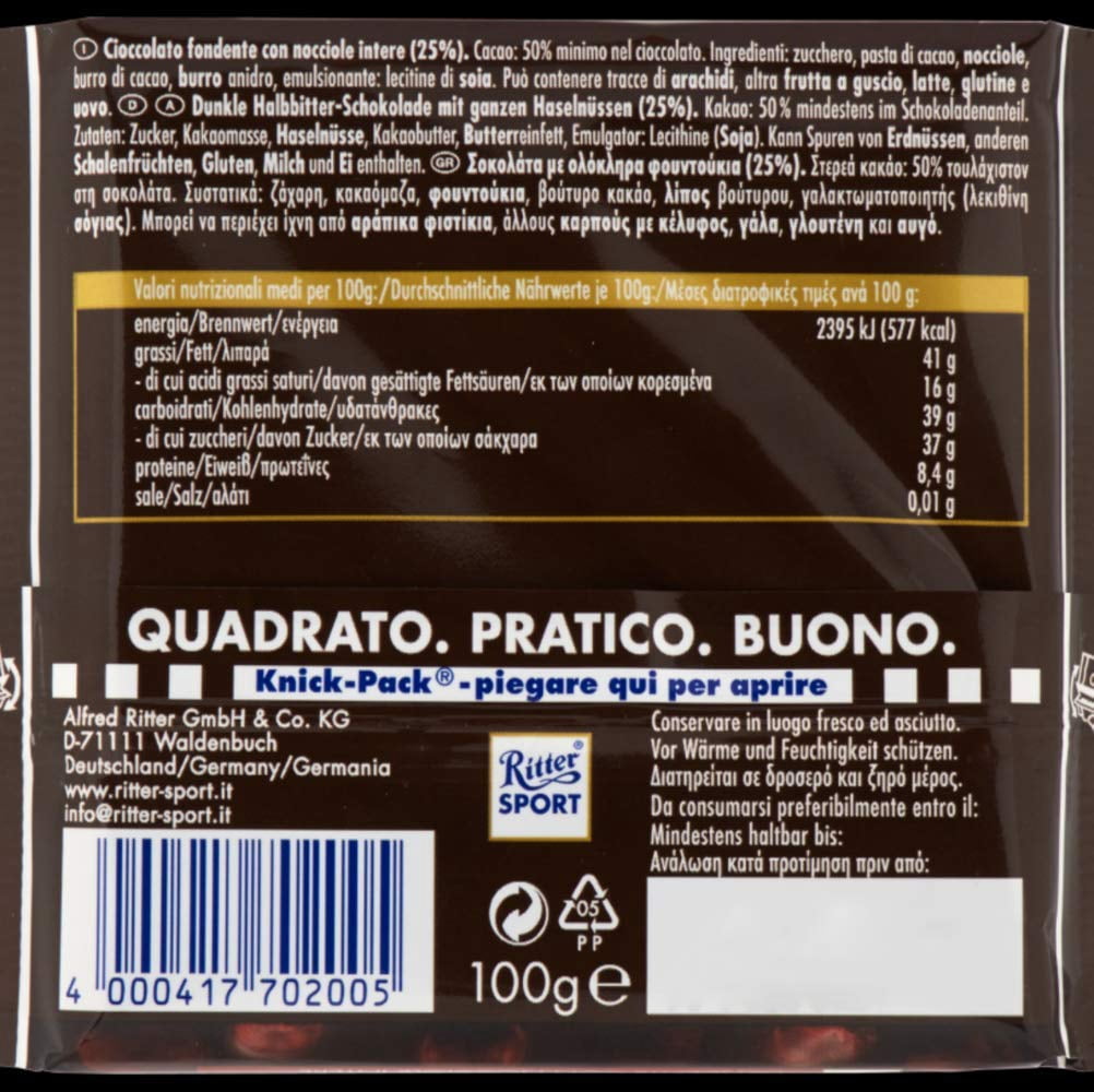Ritter Sport , Darkc Chocolate with Whole Hazelnuts, 3.5 oz of Each , Pack of 4