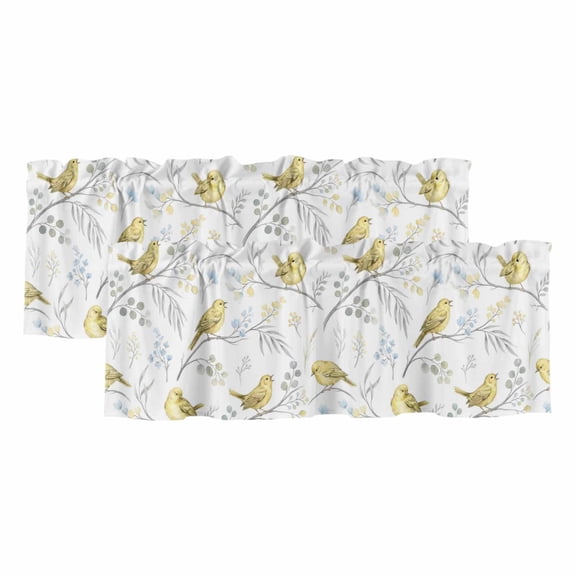 Yellow Birds Curtain Valances for Windows, Kitchen Valance Window Treatments Panel 2 Pack, Spring Floral Botanical Farmhouse Rod Pocket Short Curtains for Bathroom Bedroom 42 x 12 Inch