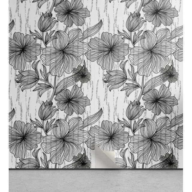 Floral Peel & Stick Wallpaper, Black and White Hand Drawn Line Art