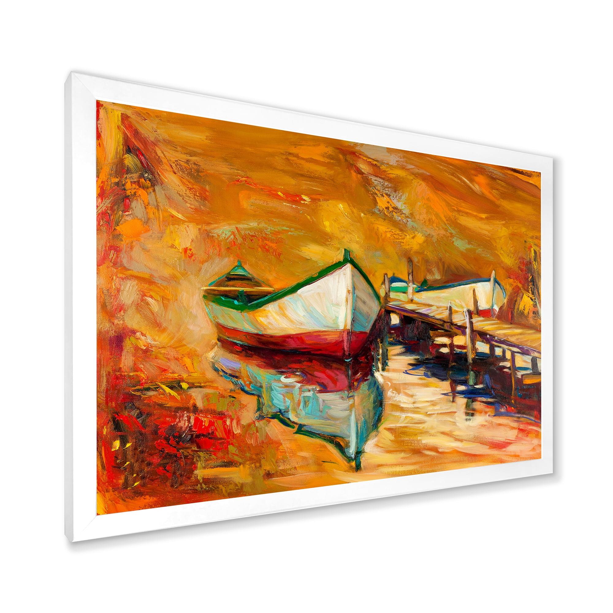Designart 'Red and White Boats By The Pier' Nautical & Coastal Framed Art Print