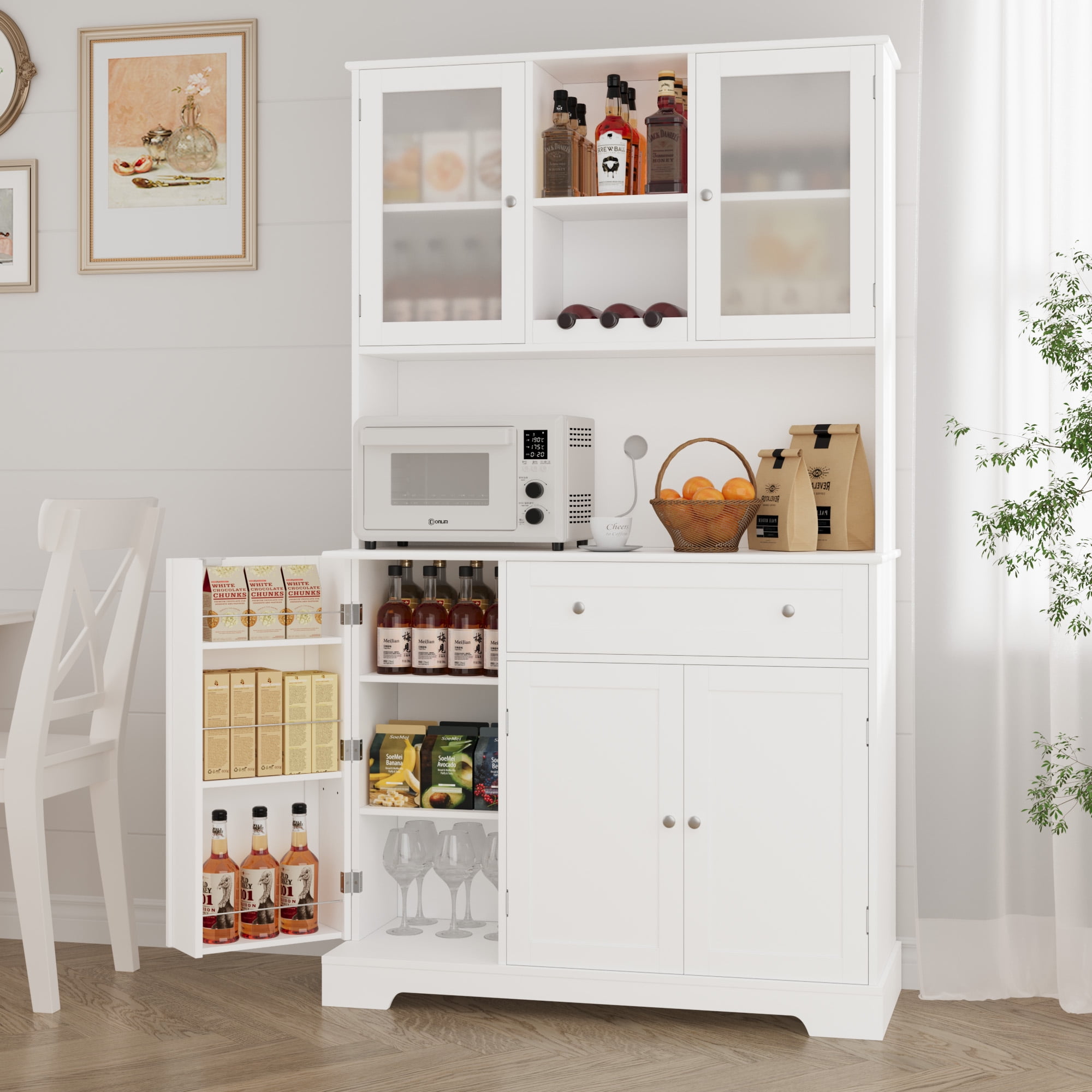 Homfa Kitchen Cabinet with Food Shelf, 5 Doors Floor Cupboard with Drawers and Countertop, 68'' Storage Pantry for Dining Room, White