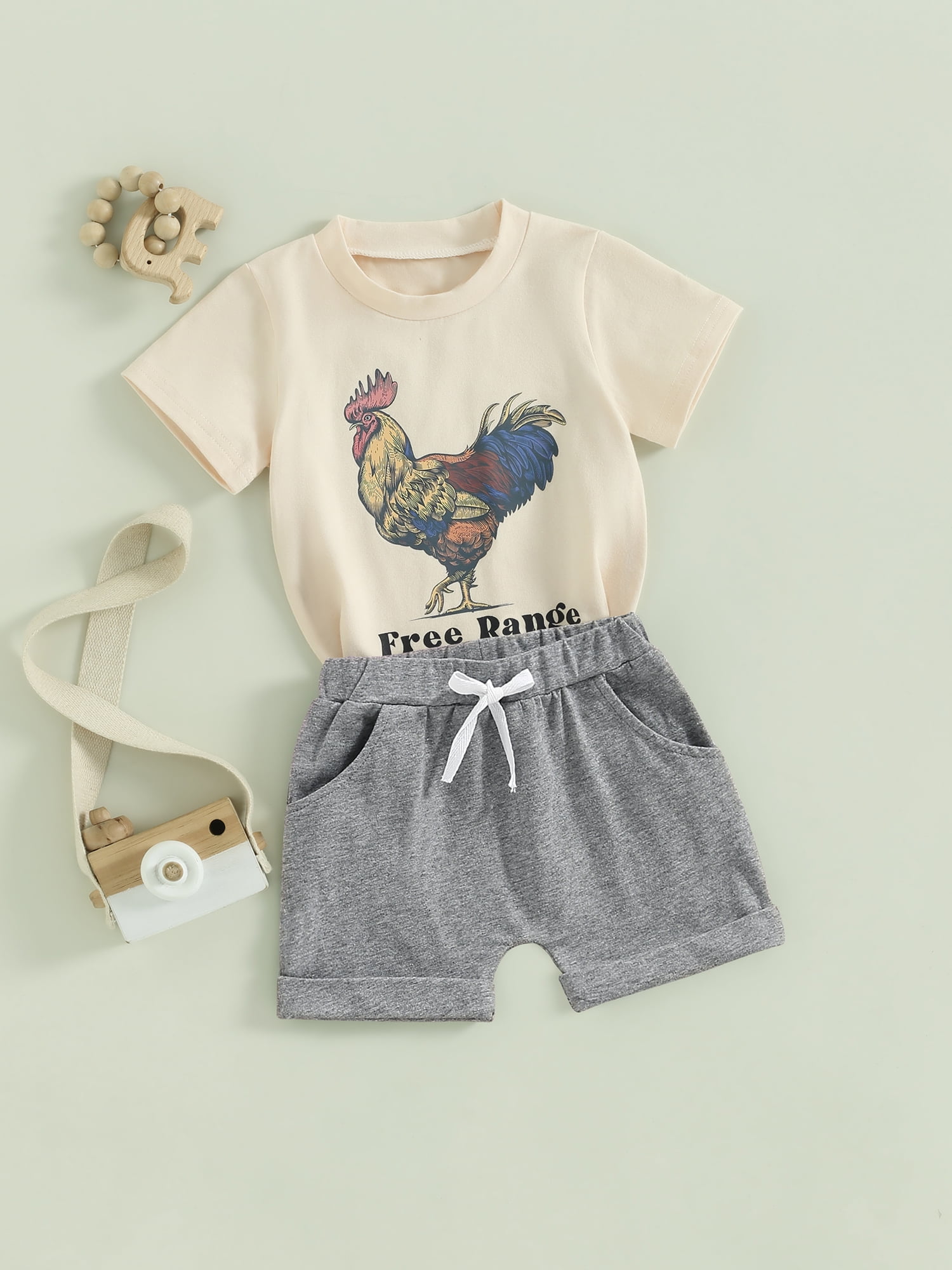 2Pcs Baby Kids Boy Summer Outfits 0 6 12 18 24 Months 2T 3T 4T 5T Short Sleeve Rooster Print T-Shirt + Shorts Set Infant Clothing