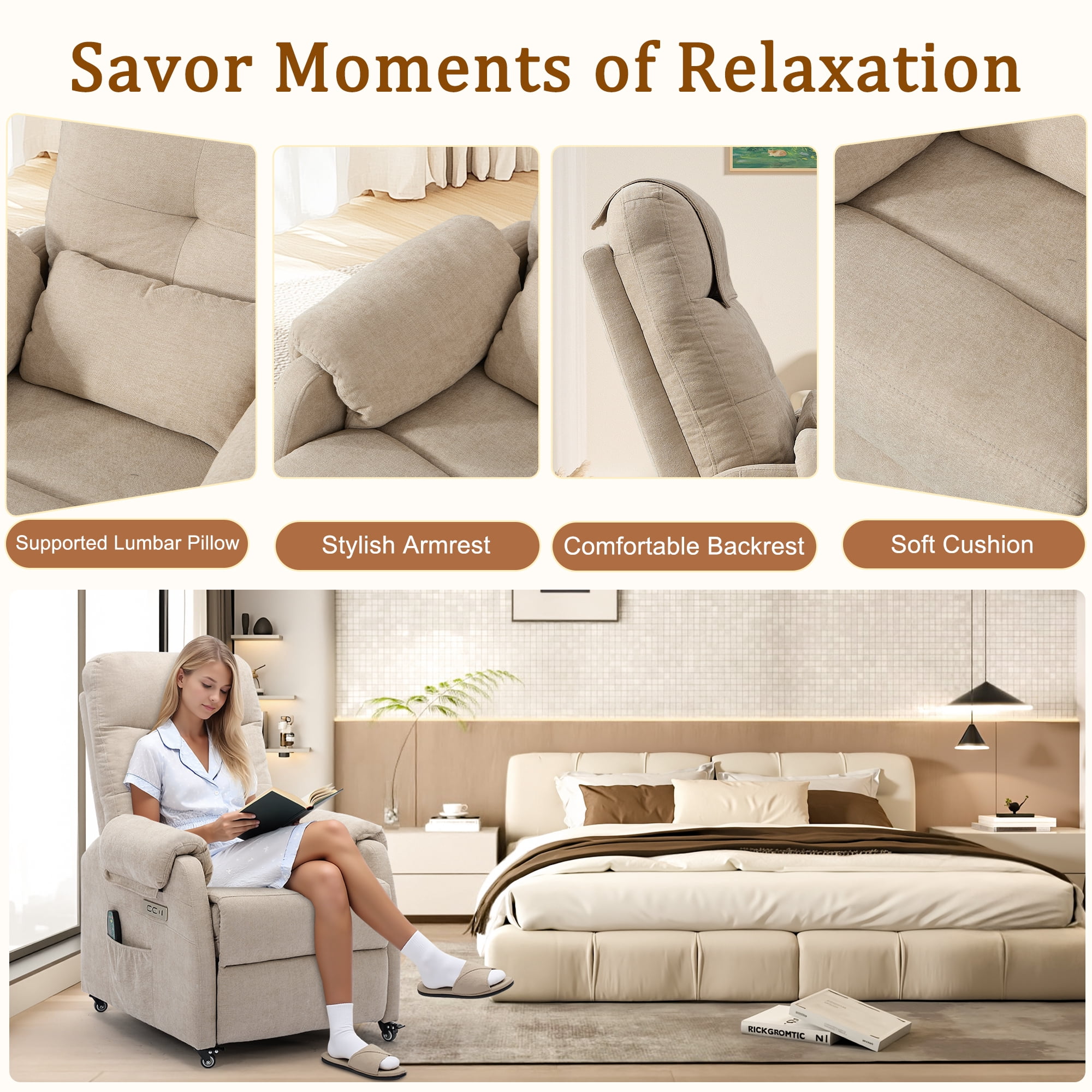 Korser Power Small Recliner Chair for Small Spaces with Wheels and USB Ports for Living Room,Khaki