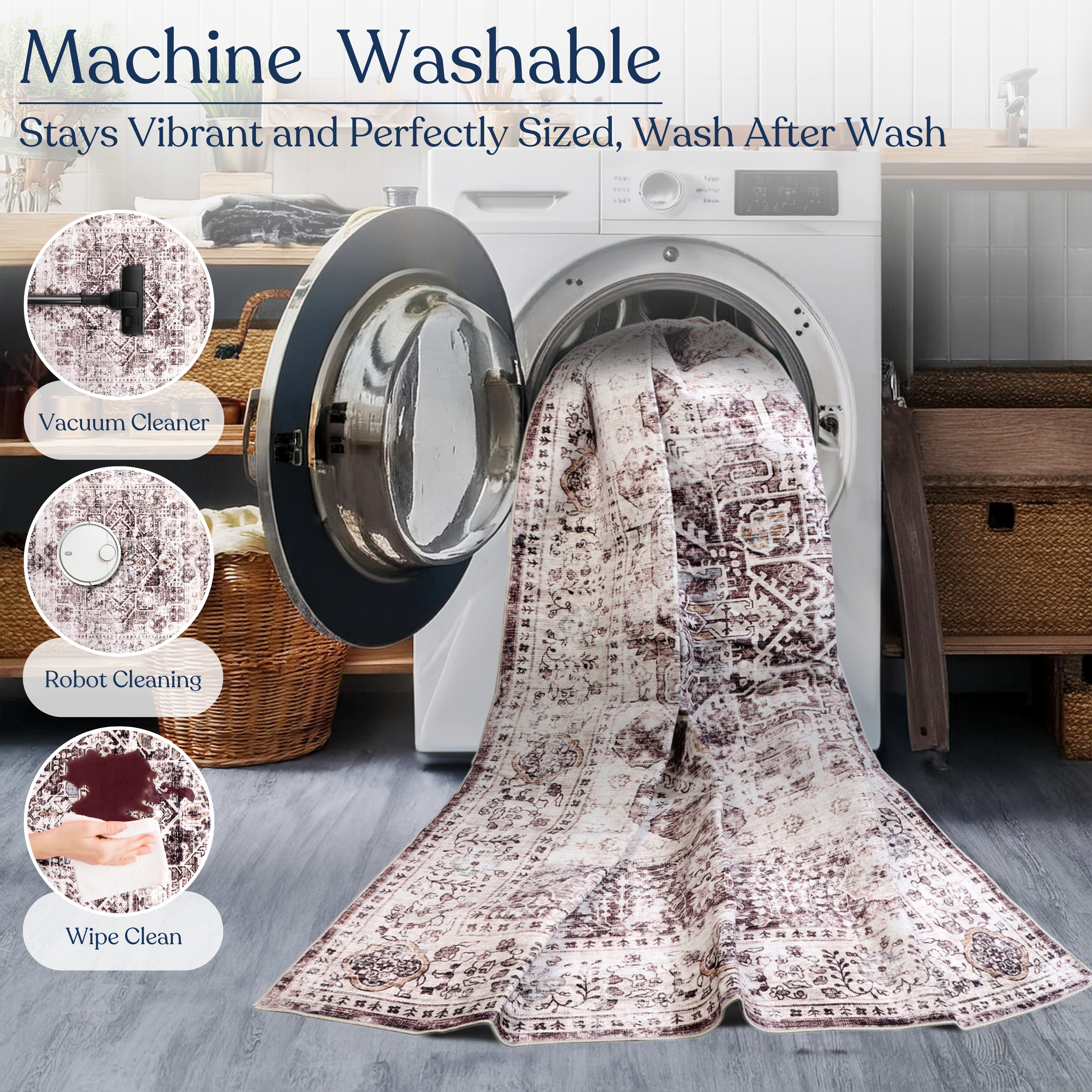 Delara 3'x5' Machine Washable Area Rug, Soft & Durable, Non-Slip, Stain Resistant, Vintage Cocoa, for Bedroom, Living & Dining Room