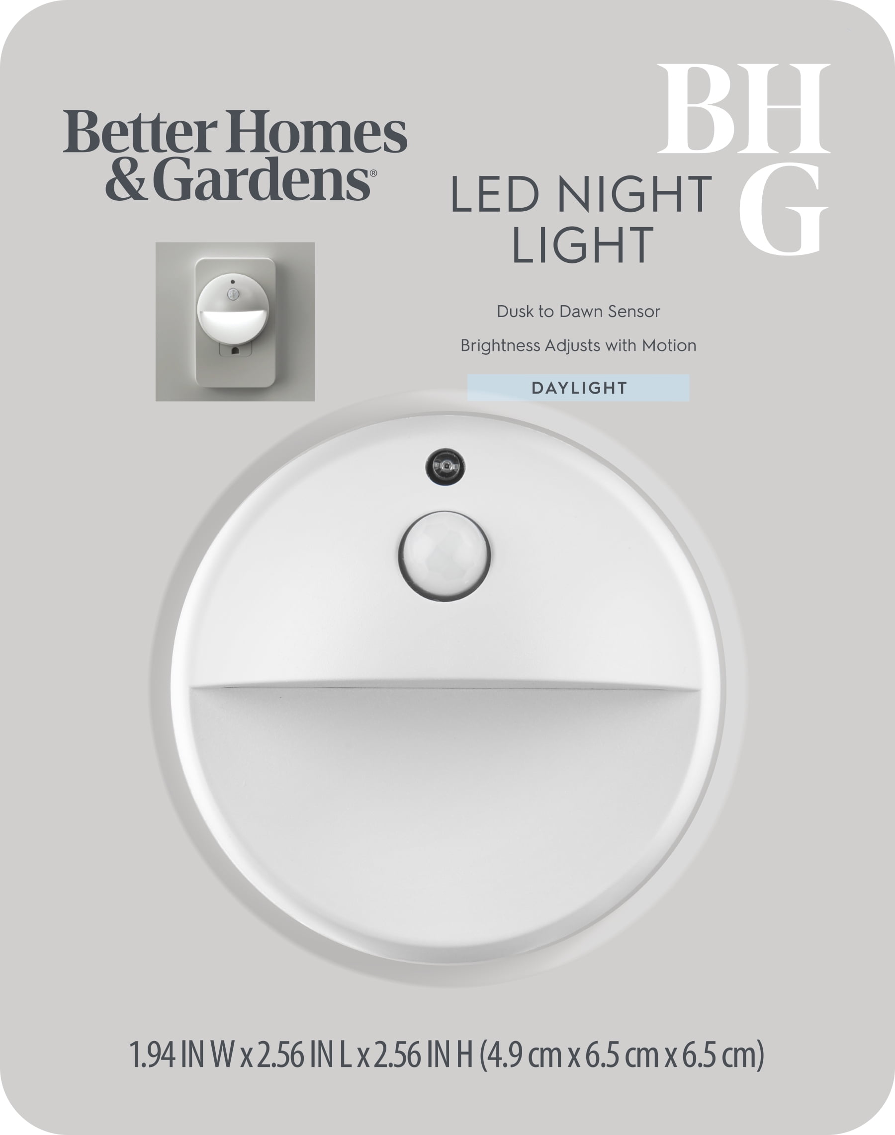 (2 pack) BH&G 2.65" Round LED Night Light, Daylight, Dusk to Dawn, High-Low Mode Activated by Motion White