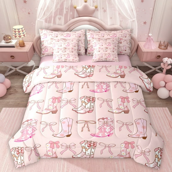 Homewish Pink Ribbon Bow 7-Piece Twin Bedding Sets,Rustic Cowgirl Boots Bedding Comforter Set,Pink Kawaii Bowtie Sheet Sets For Girls,Breathable Home Decor Reversible