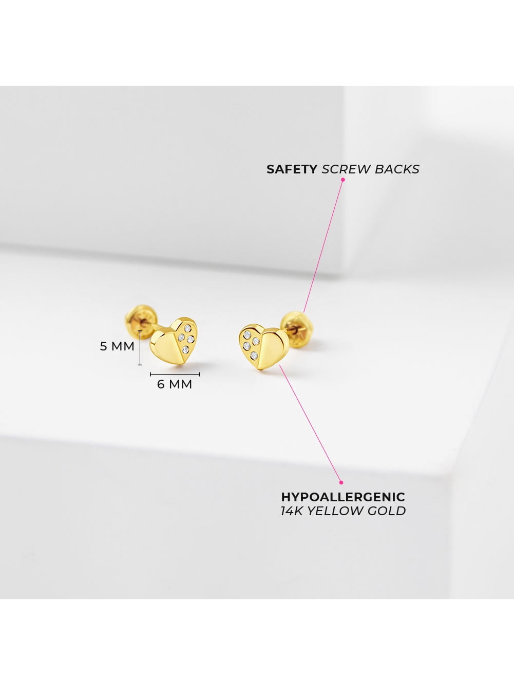 Sweet Heart Encrusted Clear Toddler Girls Earrings Safety Screw Back - 14k Gold