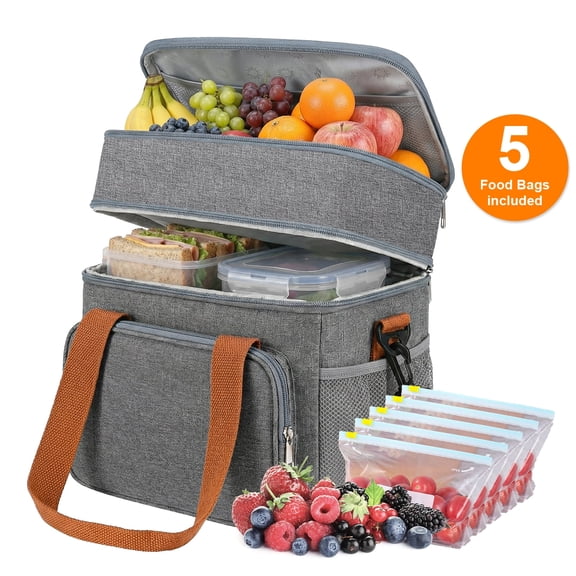 Vaparinckl Insulated Lunch Bag, 15L Expandable Double Deck Lunch Box for Women/Men, Leakproof Lunchbox with Adjustable Shoulder Strap & Side Pocket, Suitable for Working, Camping, Picnic, Gray