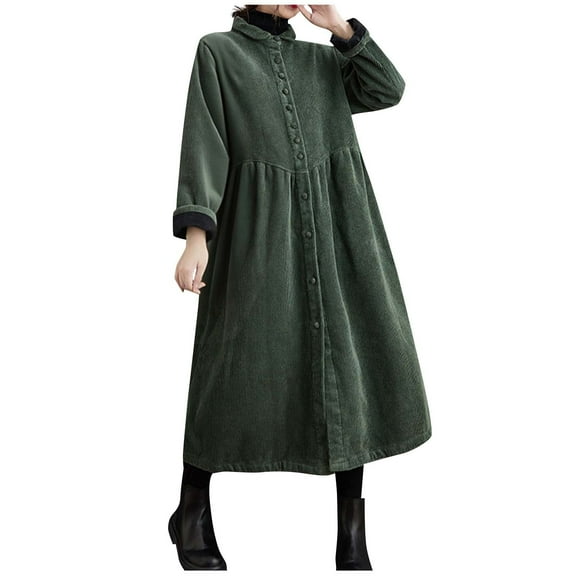 wdsxpo Womens Retro Classic Corduroy Button Down Lapel Neck Maxi Dress Fall Winter Casual Jacket Trendy Outerwear with Side Pockets
