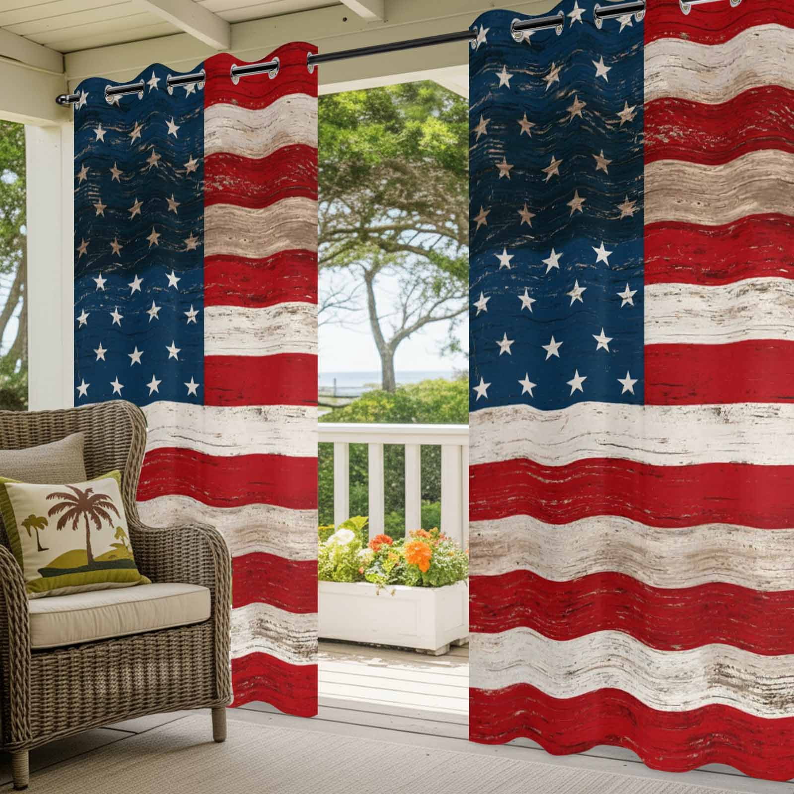 Independence Day Outdoor Curtains for Patio, American Flag Patriotic Red Blue Stripe Star Wood Grain Sunshade Privacy Drapes Grommet Waterproof Outside Curtains for Porch Balcony 54"x108", 1 Panel