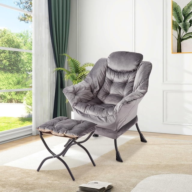 Dark gris comfortable accent lazy chair con ottoman - 400lb capacity, oversized reading armchair con folding footrest y side pocket para sala de estar o dormitorio