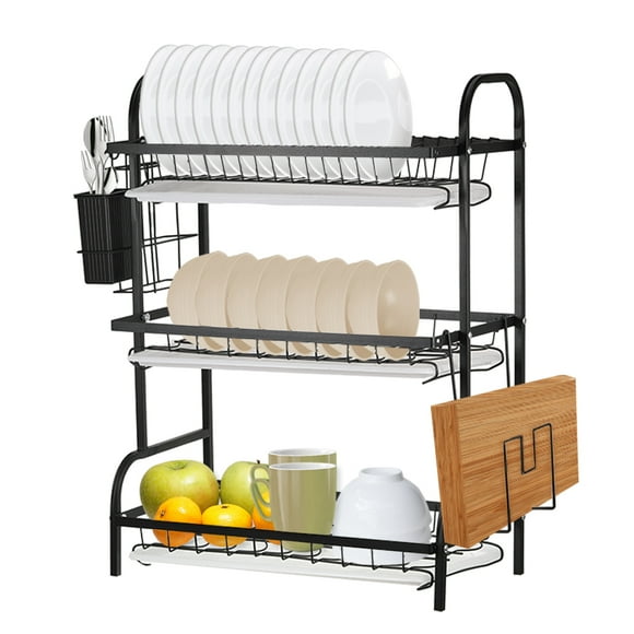 keepw Dish Rack 3 Tier Holder Bowl Box Home Storage Chopsticks Dishes Organizer Drainer Household Steel Counter Stainless Black 3layers/with acces