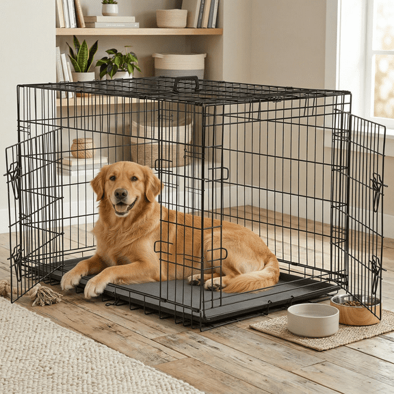 LIFERECORD Extra Large Foldable Metal Dog Crate with Double Doors, Kennel with Divider Panel, Safe for Puppy Training, Home & Travel