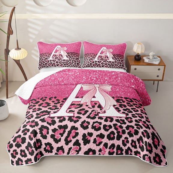 Manfei Cute Letter A Twin Quilt Set,Pink Leopard Print Twin Coverlet Set,2pcs