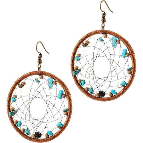 Boho Vintage Ethnic Created Turquoise Bead Dreamcatcher Pendant Earrings, Bohemian Hippie Jewelry Gift for Women