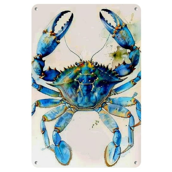 Vibrant Blue Crab Metal Tin Sign - 8x12 Inch Rustic Wall Art with Watercolor Design, Ready to Hang Home, Cafe, Bar, or Garage Decor, Wall Decor, 2D, Perfect for Room Decor