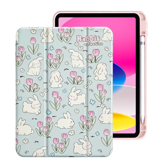Funda para iPad 10ª Gen 10.9” con Porta Lápiz (Diseño de Conejos y Flores)