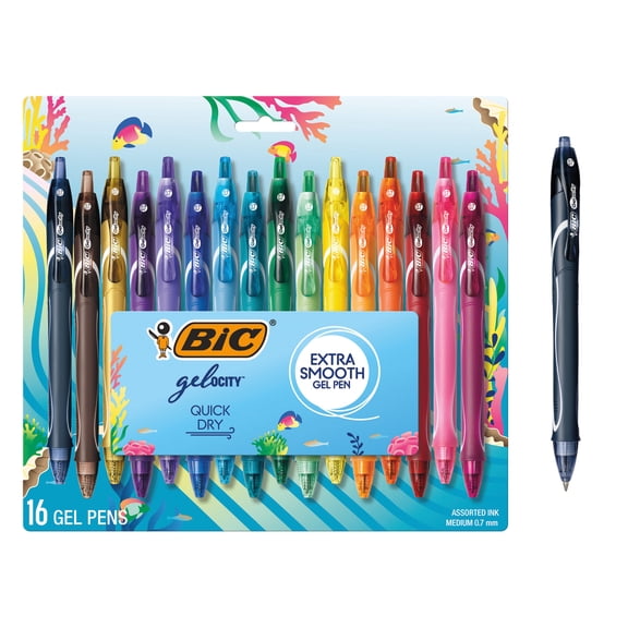 BIC Gelocity Quick Dry Gel Pens, Medium Point, 0.7 mm, Assorted Colors, 16 Count