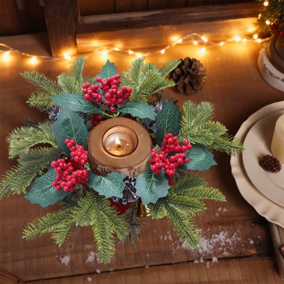 Upgraded Christmas Artificial Poinsettia Pinecone Candle Rings Wreaths,Winter Table Centerpiece Decor with Red Berry,Greenery Leaves,Farmhouse Wreath for Door Wall Window Decor A