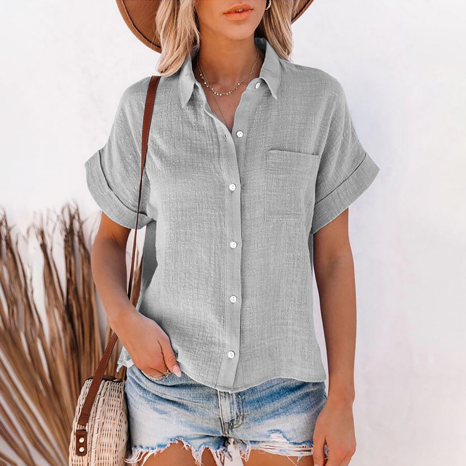 RKZSDR Linen Shirts for Women Casual Dressy Plus Size Summer Short Sleeve  Button Down Shirt Tops Trendy Plain Tees Oversized Loose Relaxed Fitted  Cotton Tshirt Blouse with Pockets Gray XL 