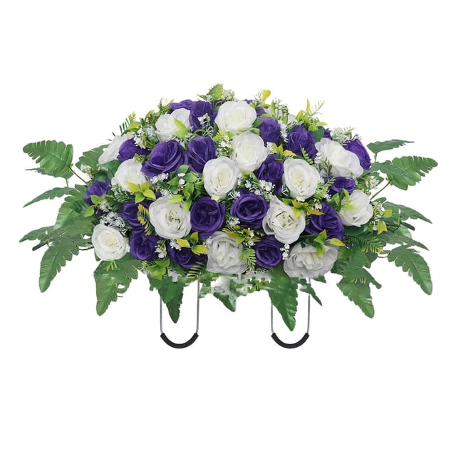 XYKA Simulate Rose Headstone Flower Saddle, Beautiful Saddle Artificial Flowers with 36 Roses and Green Leaves, Cemetery Memorial Flowers for Outdoor Tombstone Headstone Decorations
