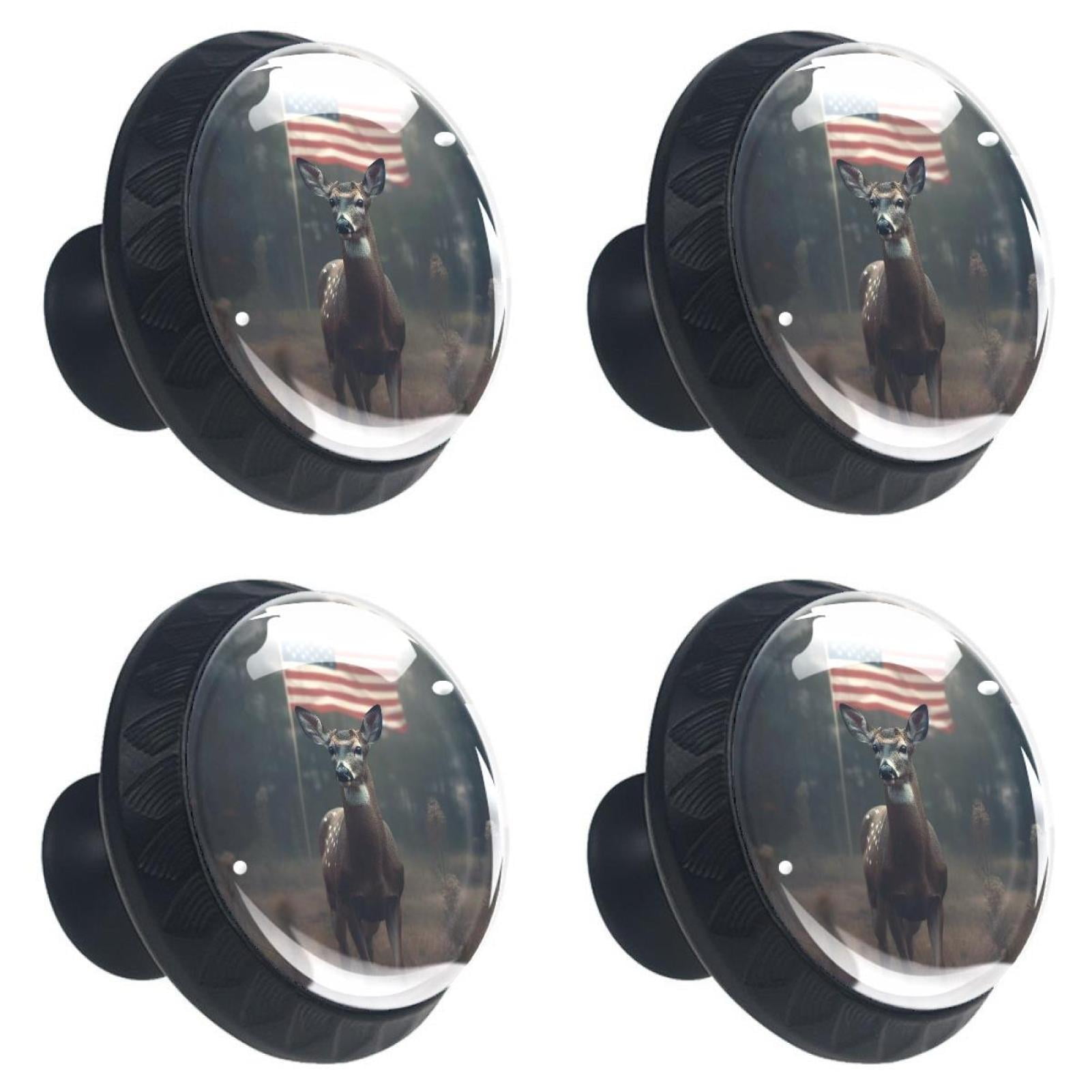4 Pcs Deer and American Flag Knobs for Kitchen Cabinet Cupboard Dresser Bookcase Drawer Pulls Handles Round Home Decor
