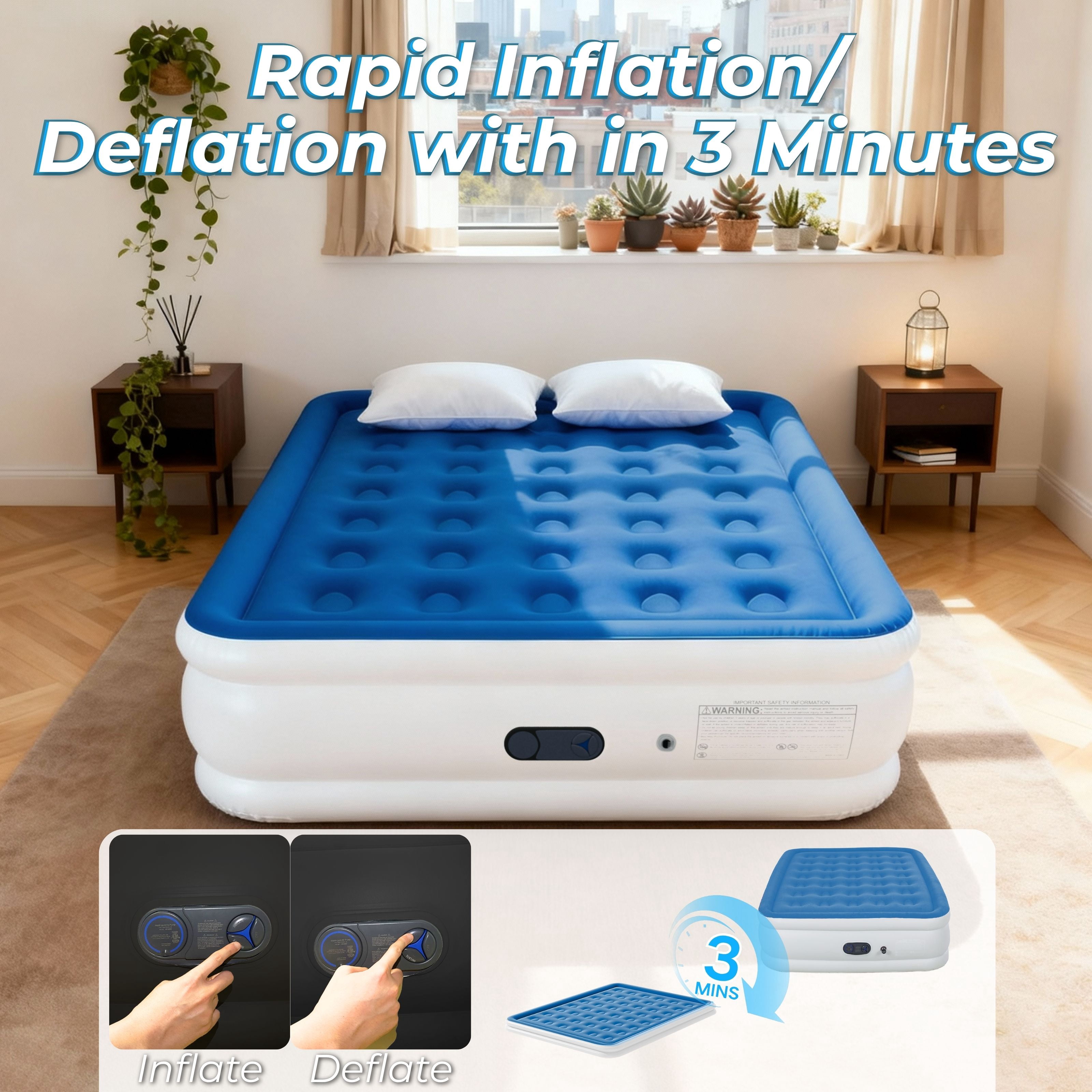 LussoAmor 18" Full Air Mattress with Built-in Pump, 3-Mins Self-Inflation, Blow Up Bed for Camping, Home & Guest, 600lb, Blue