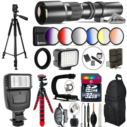 500mm Telephoto Lens for Nikon D5600 D7500   Color Set   LED Light -32GB Bundle