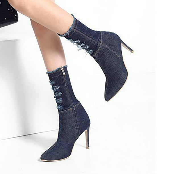 Botas de tacón alto con cremallera lateral de mezclilla elástica desgastada sexy de color sólido para mujer Wmkox8yii hfjk1825