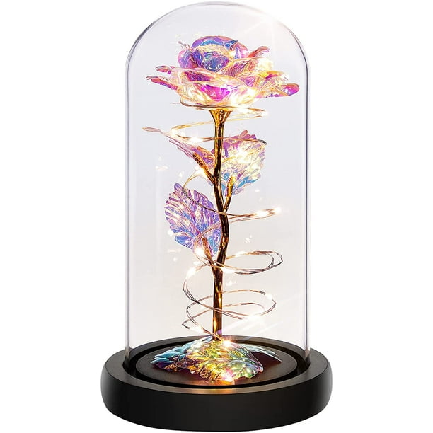 Regalos de flores de rosas para mujeres, regalos de cumpleaños para mujeres, regalos de mujer para Navidad, regalo de mamá para Navidad, rosa de flores artificiales de arcoíris coloridas iluminadas en