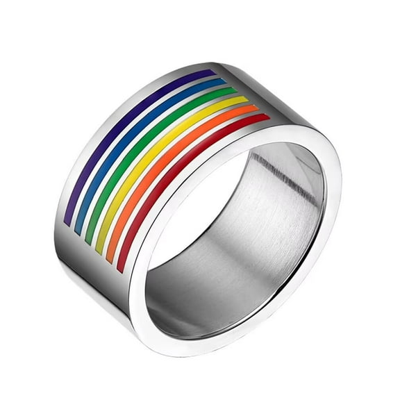PAMTIER 10mm Unisex Stainless Steel Simple Classic Rainbow Stripe LGBT Gay & Lesbian Pride Signet Ring Eternity Lover Wedding Band Silver Size 5