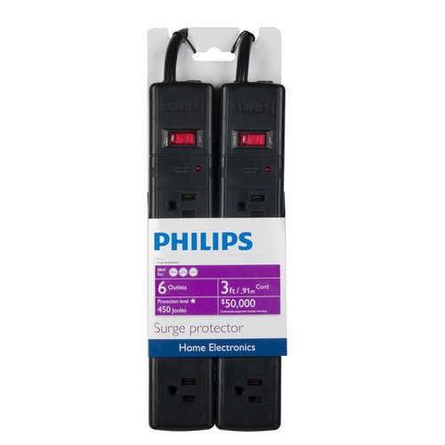 Philips 6Outlet Surge Protector, Black, 2pk