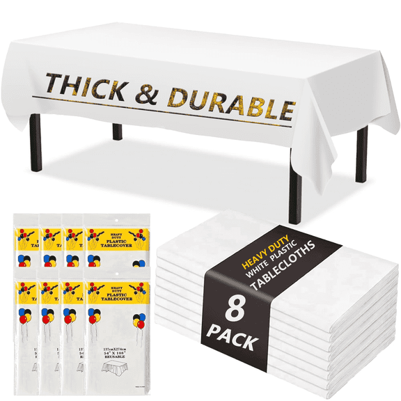 Mitzzllc Plastic Table Cloth Disposable 8 Pack,54 x 108 Inch Leakproof & Sturdy Decorative Tablecloths,Waterproof White Rectangle Table Cover