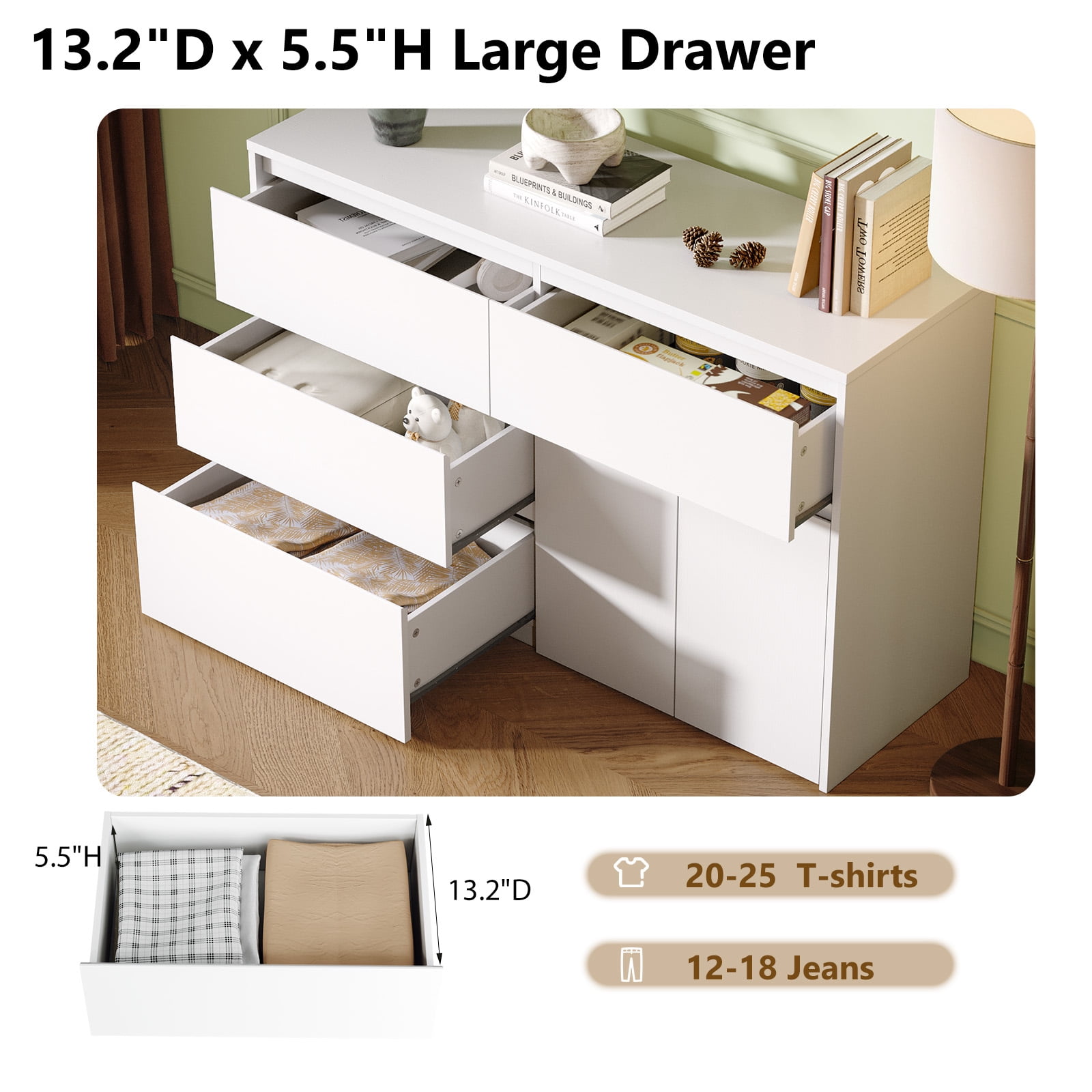 Ktaxon 6 Drawer Dresser with Large Storage Space Dresser Wood Dresser Storage Cabinet Drawer Organizer Chest Of Drawers, White