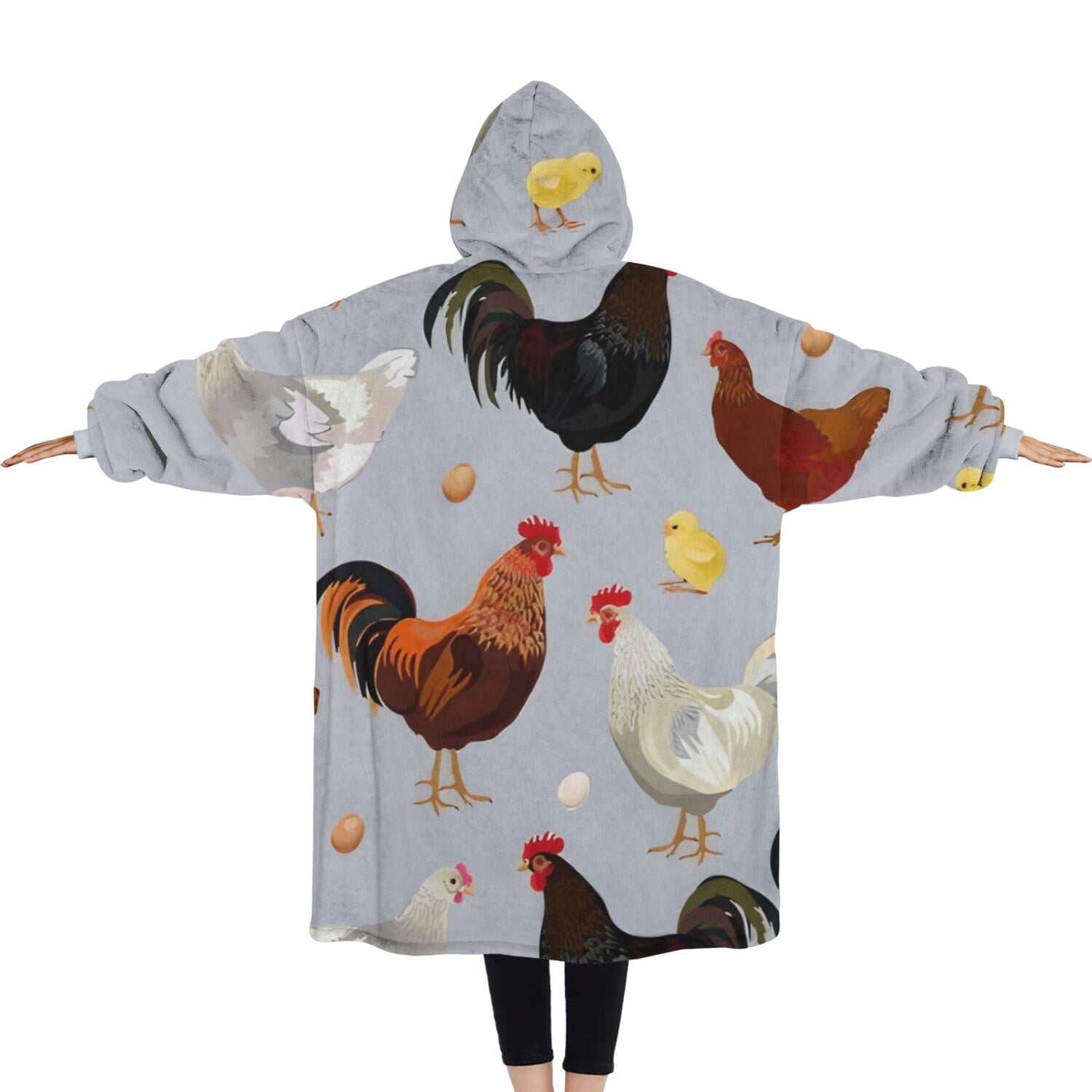 Oversized Wearable Blanket Hoodie,Gray Chicken Chick Egg Pattern Sherpa Blanket Hoodie with Super Pockets,Super Warm Fuzzy Pullover for Women & Men