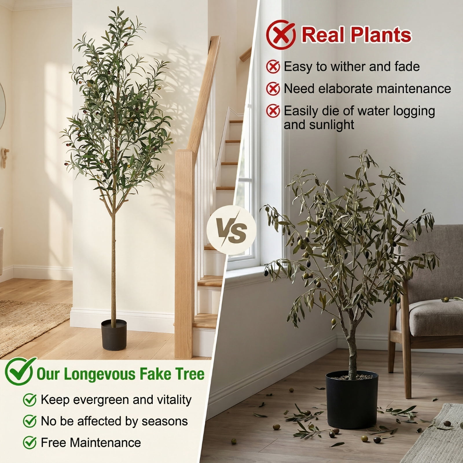 BEAUTYPEAK 7.1FT Artificial Plant Fake Indoor Olive Tree Decorative Outdoor Greenery in Black Pot