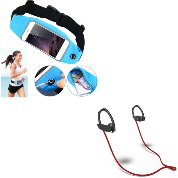 Sports Belt Band Running Waist Bag w Earphones Sports Wireless Headset P8M for ASUS ZenFone 2E 2 - Blackberry DTek50, Z30, Priv, Key2, Motion, KEYone, LE - Blackview BV8000 Pro - BLU G9, S1