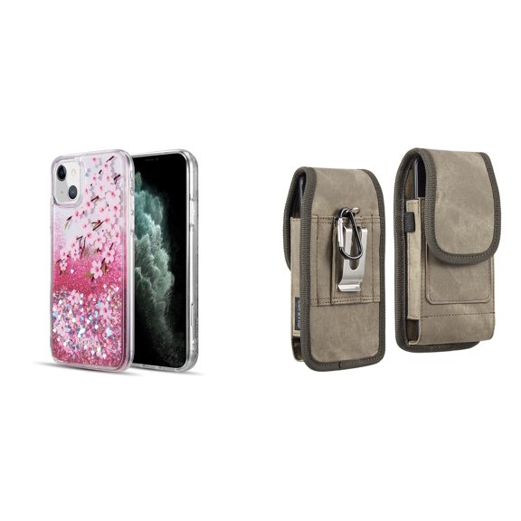 Liquid Glitter Case for iPhone 14 Plus and Belt Holster Pouch (Cherry Blossom/Brown)
