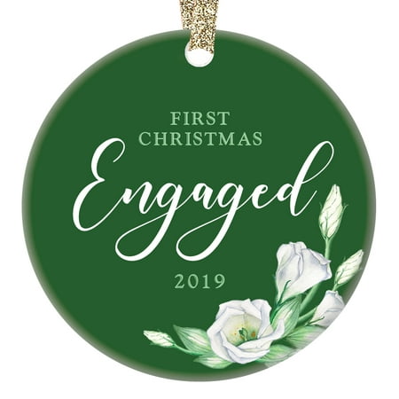 1st Christmas Engaged Couple 2019 Ornament First Engagement Ceramic Collectible Present for Future Mr & Mrs Wedding Pretty Green & White Roses 3