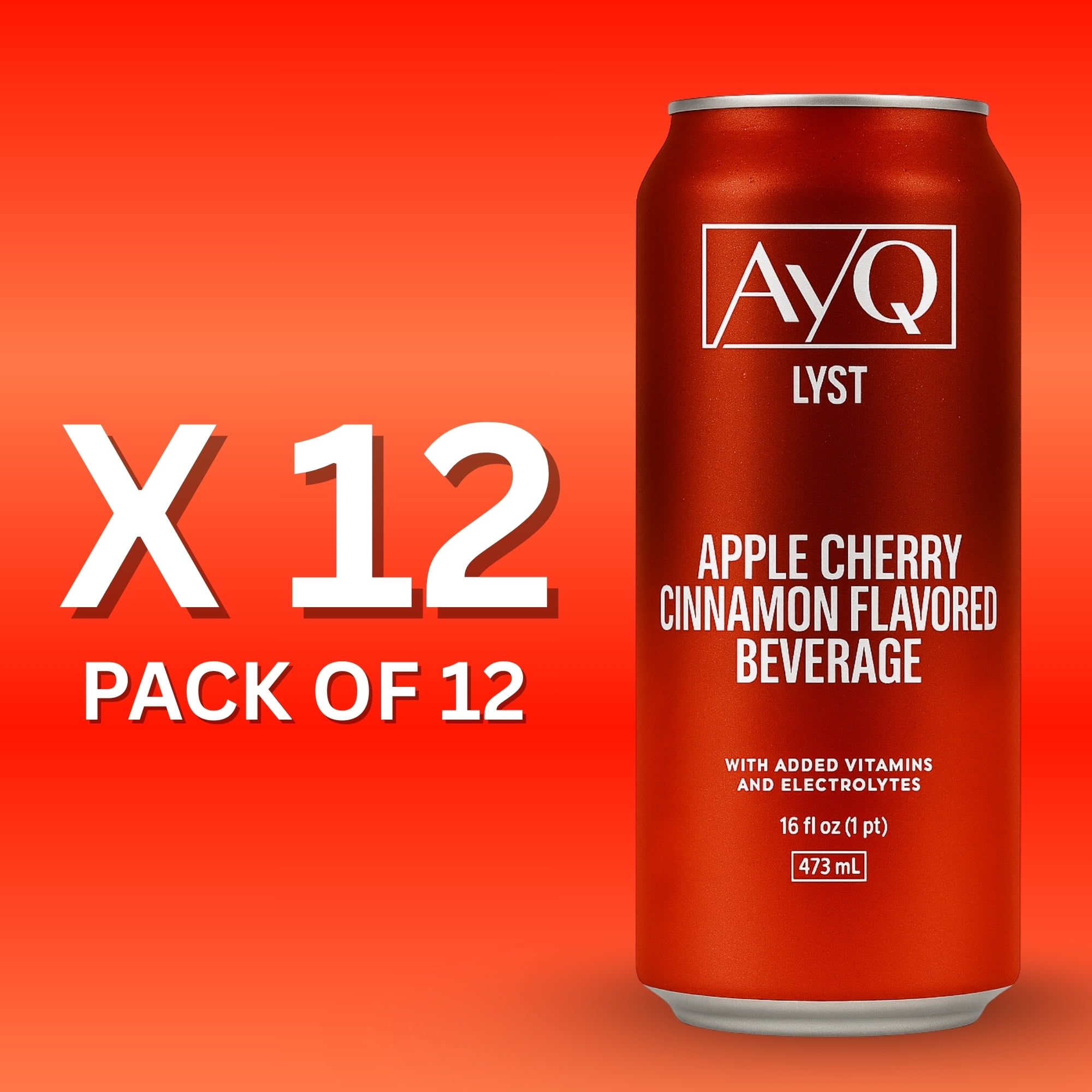 AYQ Beverages Apple Cherry Cinnamon Drink, Flavoured Fruit Beverage for Hydration, Added Vitamins with BCAA, Electrolytes, Vegetarian & Gluten Free, Ready to Drink, 473 mL Cans, 12-Pack