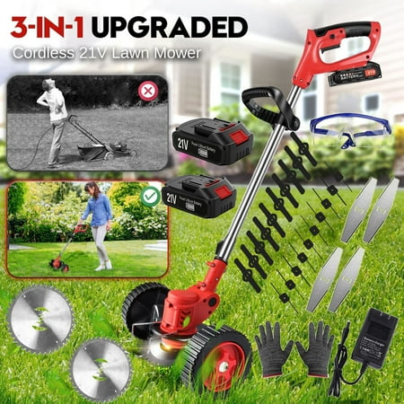 Electric Cordless Grass Trimmer  Lawn Mower  Rechargeable Grass Mower  Weed Lawn Edger Eater  Electric Grass Cuting Machine with Wheels with 2 Batteries(RED)