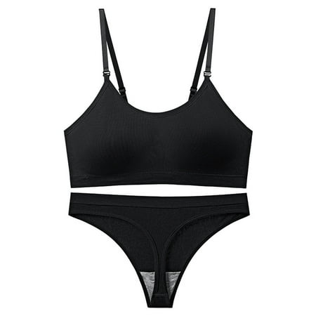 

Lovskoo Women Wireless Push-Up Seamless Bra Nude Bralette Solid Breathable Sling Sports Bra and Panty Set Black