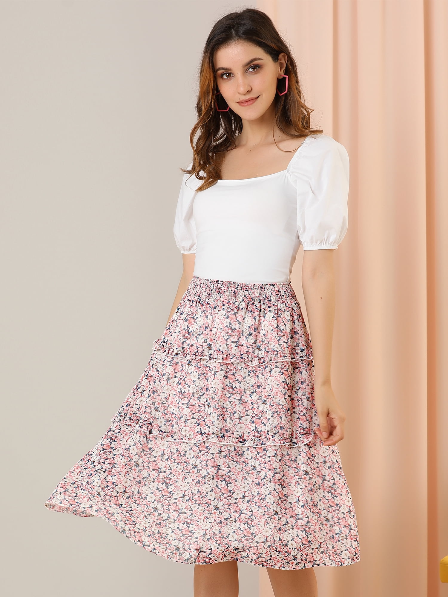 DARING DIVA Women's Floral Chiffon Layer Ruffle Hem Midi Skirt XL Pink