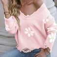 thumbnail image 6 of Pink Womens Fall Tops Women's Ripped Long Sleeved Loose Knit Sweater with Small Flower V Neck Pullover Sweaters for Women, 6 of 6