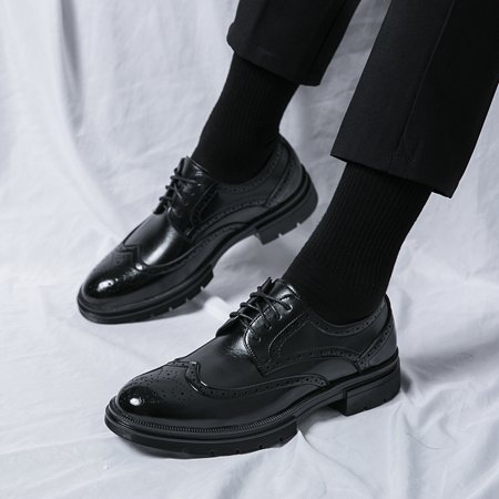 KINODAY Solid Wing-tip Brogues With PU Leather Uppers Wear-resistant Non Slip Lace-up Dress Shoes For Business Office Wedding Party